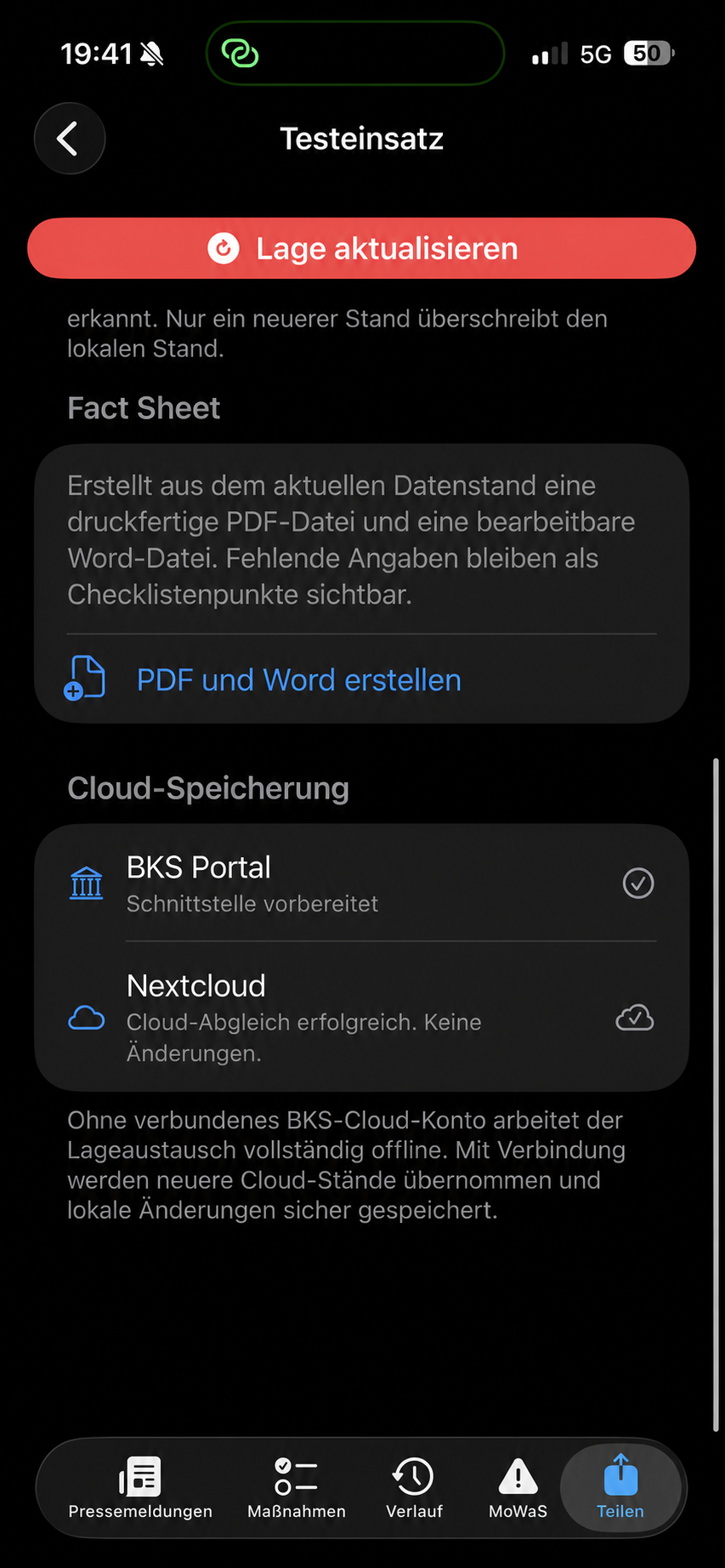 Anonymisierte BuMa-Assist-App-Ansicht: Dokumentation