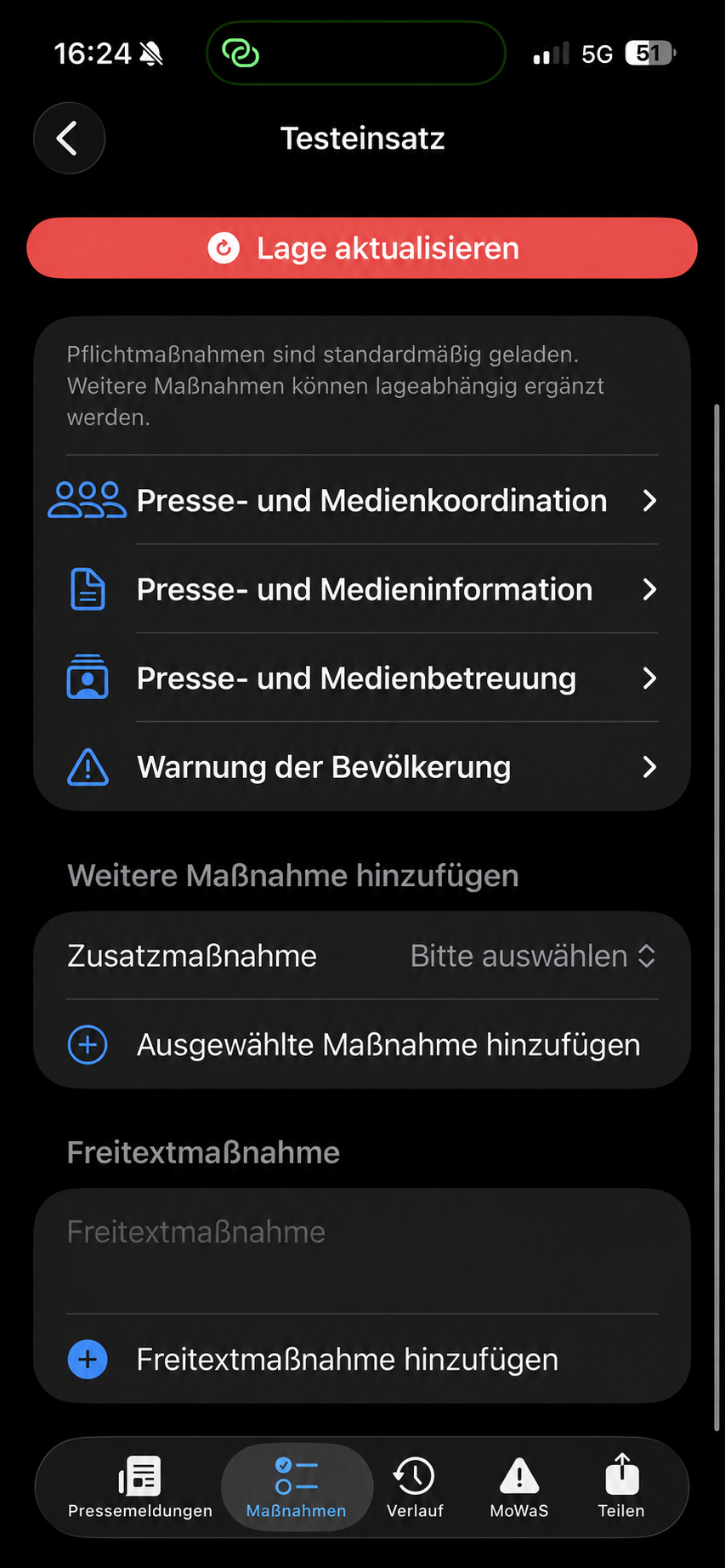 Anonymisierte App-Ansicht der Maßnahmenverwaltung