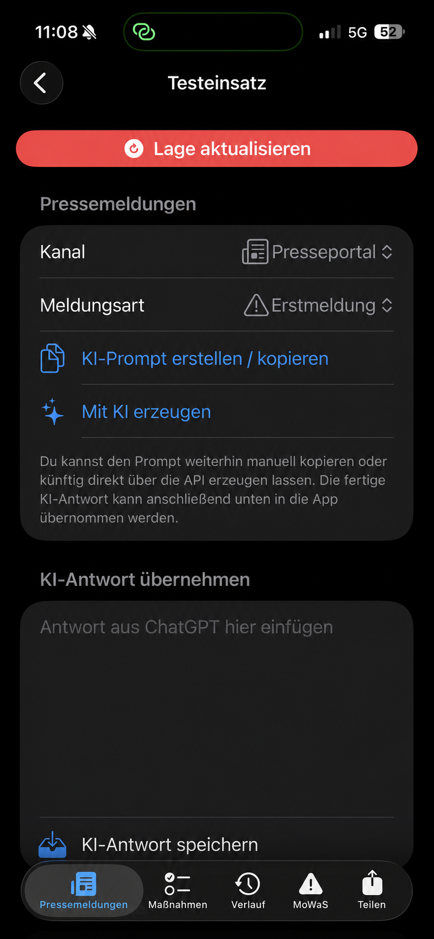 Anonymisierte BuMa-Assist-App-Ansicht: Pressearbeit